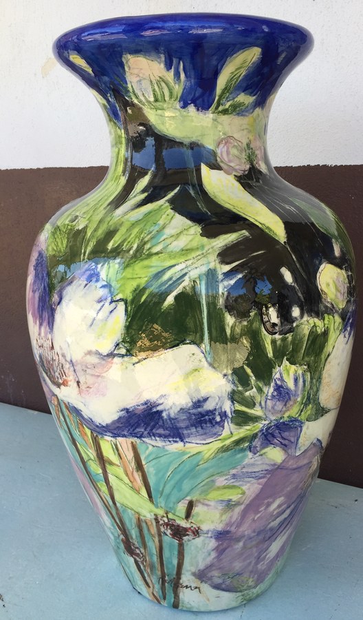 Floral Tall blue flower hand-painted vase by Maureen Fulgenzi — Blue & purple palette, Palm Beach, FL