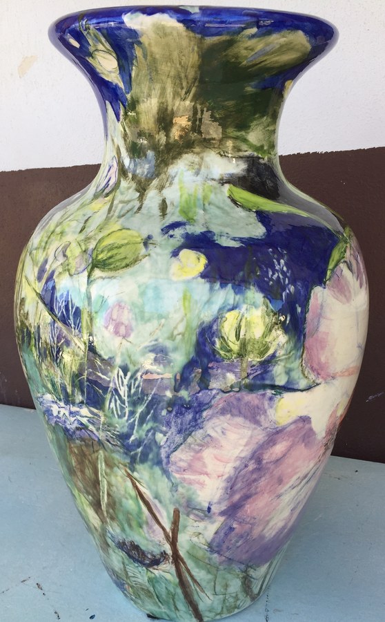 Same tall blue flower hand-painted vase, additional angle, by Maureen Fulgenzi — Blue & purple palette, Palm Beach, FL