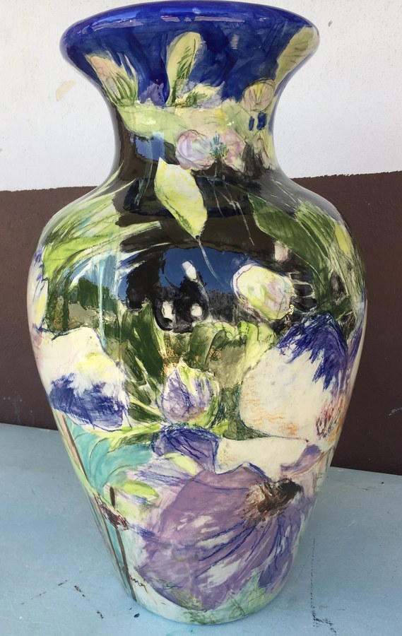 Same tall blue flower hand-painted vase, close-up detail, by Maureen Fulgenzi — Blue & purple palette, Palm Beach, FL