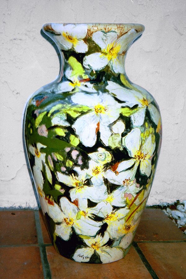 Same hand-painted vase, white dogwood-blossom side, by Maureen Fulgenzi — White & green palette, Palm Beach, FL